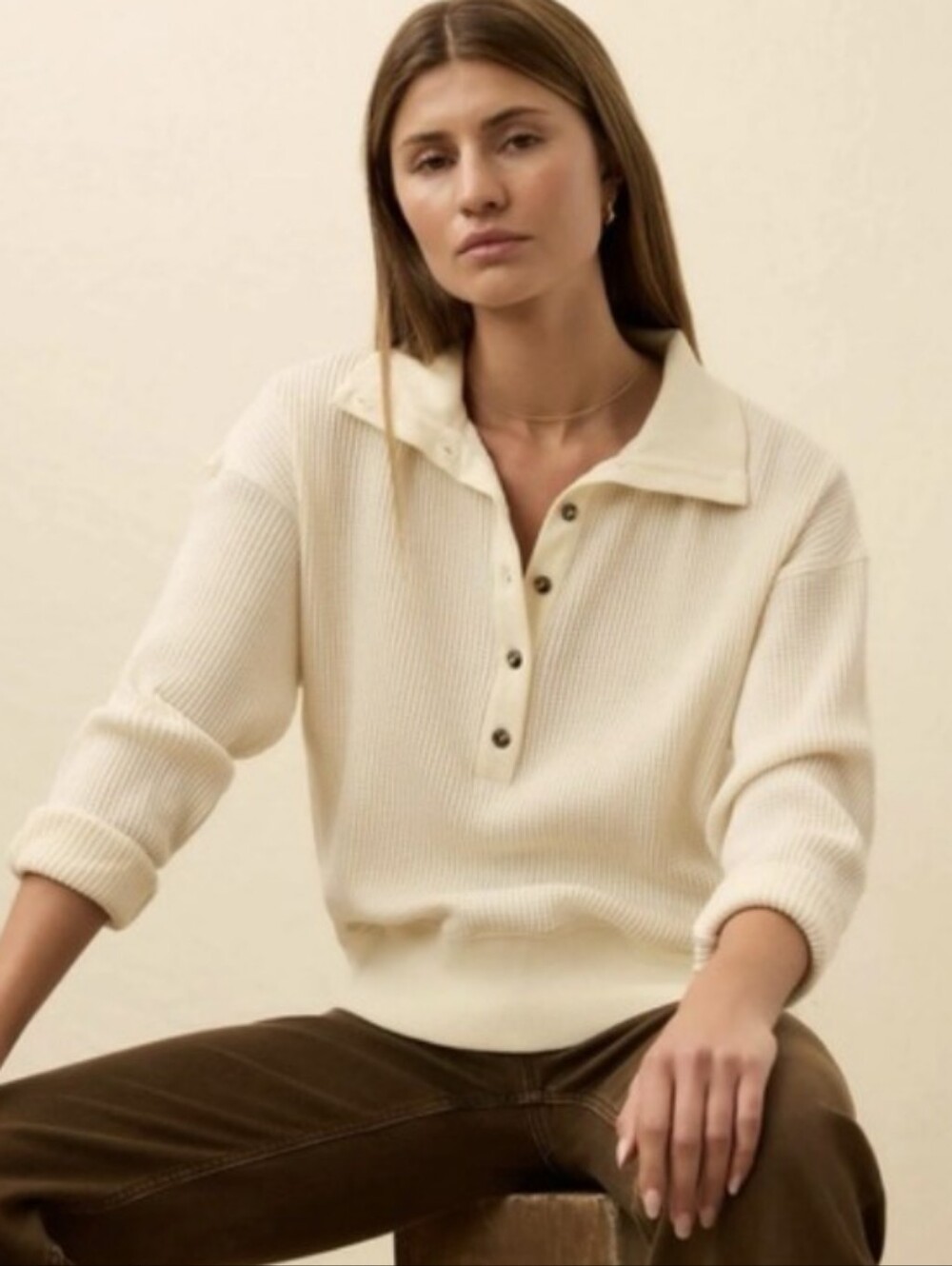 FAHERTY Organic Cotton Waffle Knit Henley Sweater Cream Pullover